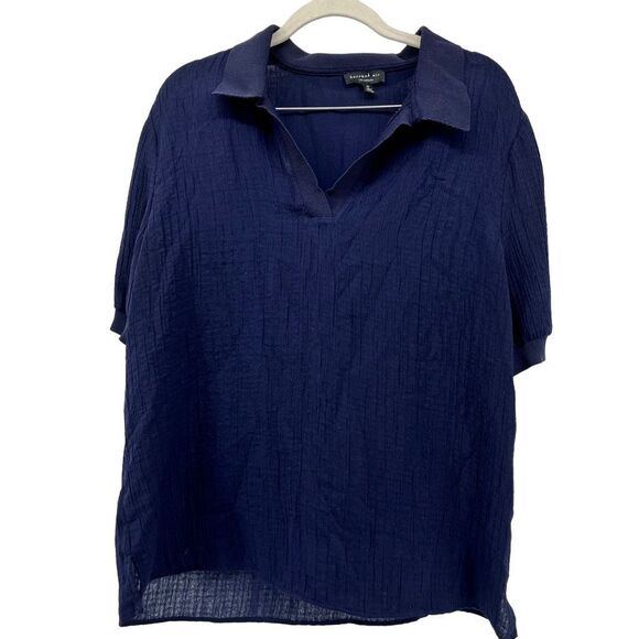 Current Air Polo Shirt Ribbed Knit Short Sleeve Crepe Collared Top Navy Blue M - Picture 1 of 9